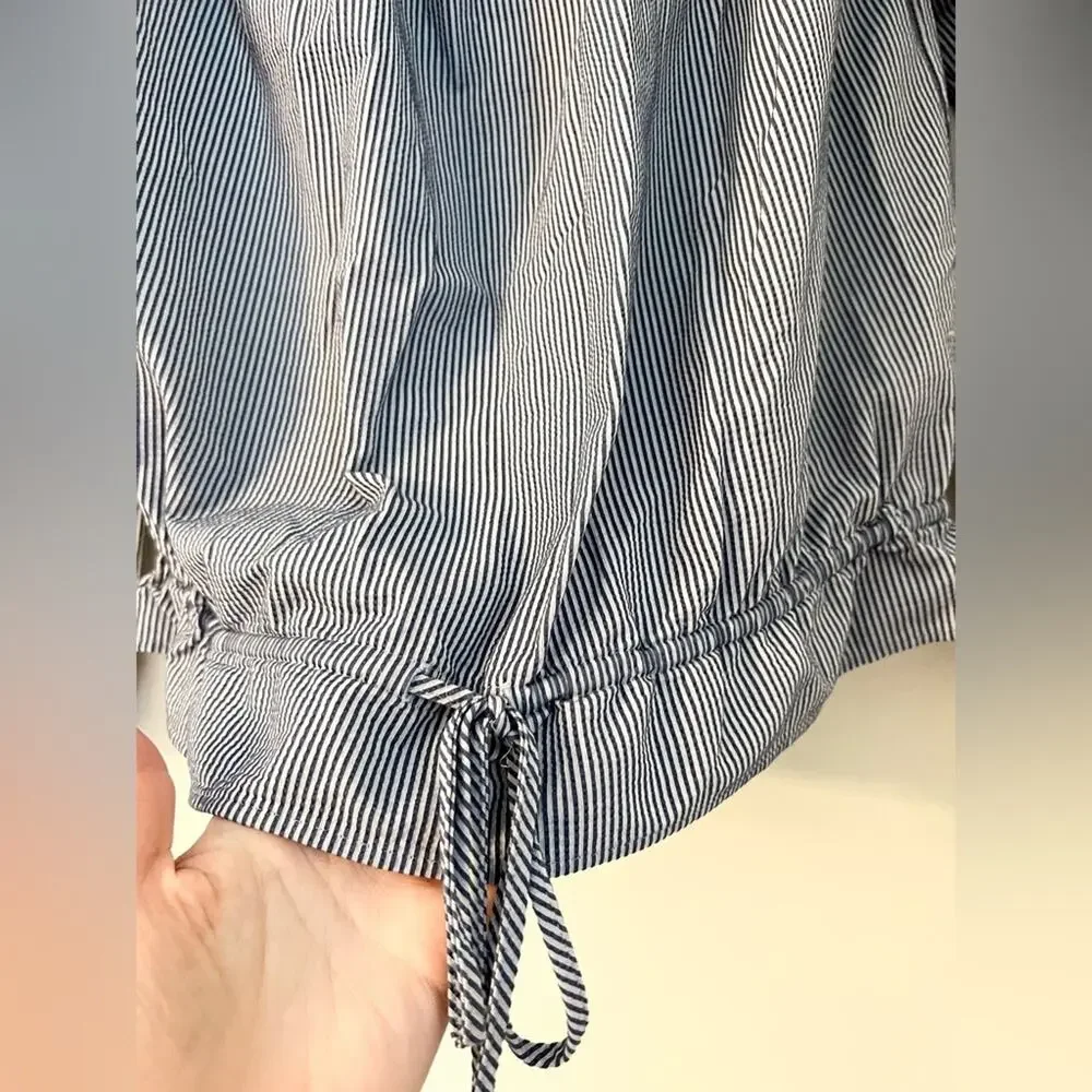 Theory Odettah Off Shoulder Seersucker blue and white striped blouse top fall